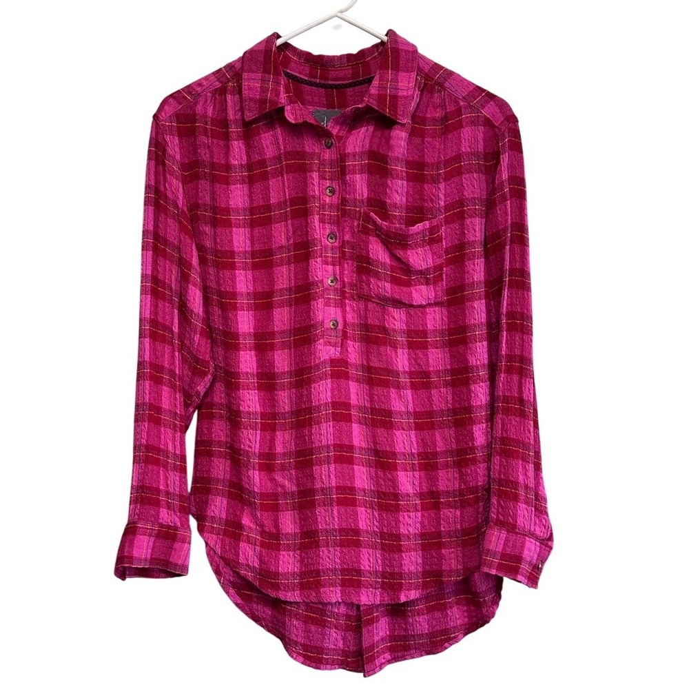 Anthropologie‎ Plaid Button Front Tunic Women XS Pink Red Henley High Low Pocket